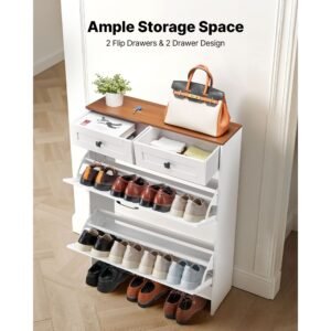 shoe cabinet with 2 flip drawers, farmhouse shoes storage cabinet with 2 drawers and anti tipping device, freestanding shoe organizer ideal for entryway, hallway, bedroom, living room, white