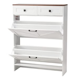 Shoe Cabinet with 2 Flip Drawers, Farmhouse Shoes Storage Cabinet with 2 Drawers and Anti-Tipping Device, Freestanding Shoe Organizer Ideal for Entryway, Hallway, Bedroom, Living Room, White