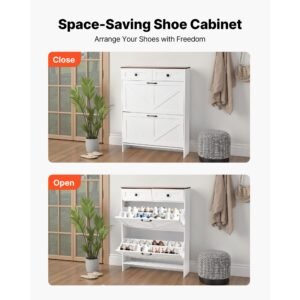 shoe cabinet with 2 flip drawers, farmhouse shoes storage cabinet with 2 drawers and anti tipping device, freestanding shoe organizer ideal for entryway, hallway, bedroom, living room, white