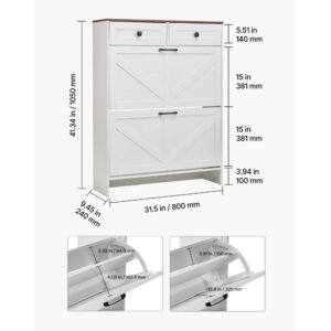 shoe cabinet with 2 flip drawers, farmhouse shoes storage cabinet with 2 drawers and anti tipping device, freestanding shoe organizer ideal for entryway, hallway, bedroom, living room, white