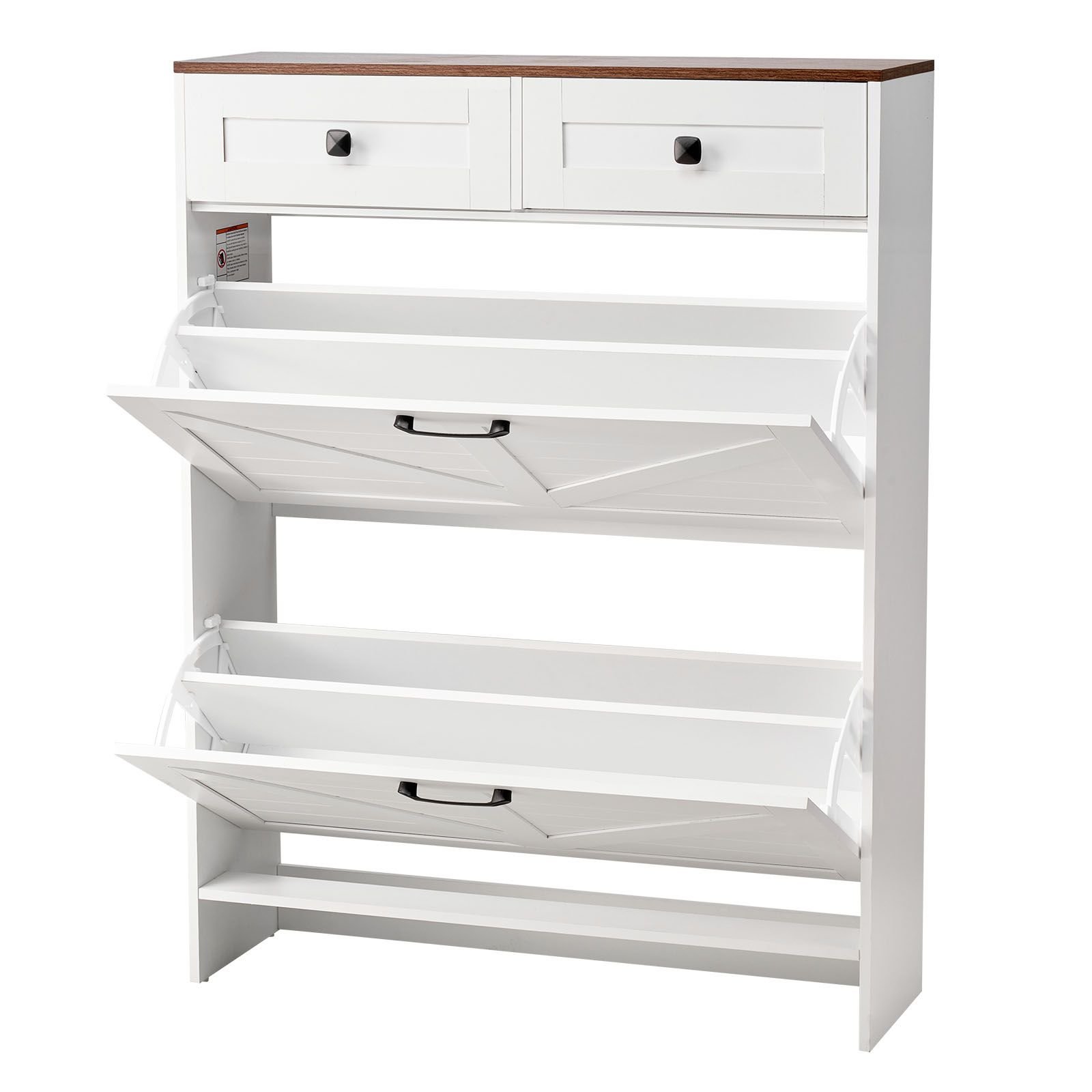 shoe cabinet with 2 flip drawers, farmhouse shoes storage cabinet with 2 drawers and anti tipping device, freestanding shoe organizer ideal for entryway, hallway, bedroom, living room, white