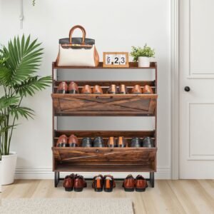 shoe cabinet with 2 flip drawers, farmhouse shoes storage cabinet with metal legs and anti tipping device, freestanding shoe organizer ideal for entryway, hallway, bedroom, living room, brown