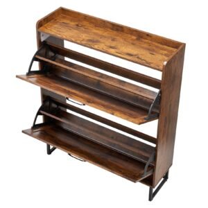 shoe cabinet with 2 flip drawers, farmhouse shoes storage cabinet with metal legs and anti tipping device, freestanding shoe organizer ideal for entryway, hallway, bedroom, living room, brown