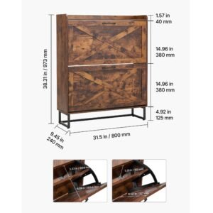 Shoe Cabinet with 2 Flip Drawers, Farmhouse Shoes Storage Cabinet with Metal Legs and Anti-Tipping Device, Freestanding Shoe Organizer Ideal for Entryway, Hallway, Bedroom, Living Room, Brown