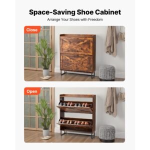 shoe cabinet with 2 flip drawers, farmhouse shoes storage cabinet with metal legs and anti tipping device, freestanding shoe organizer ideal for entryway, hallway, bedroom, living room, brown