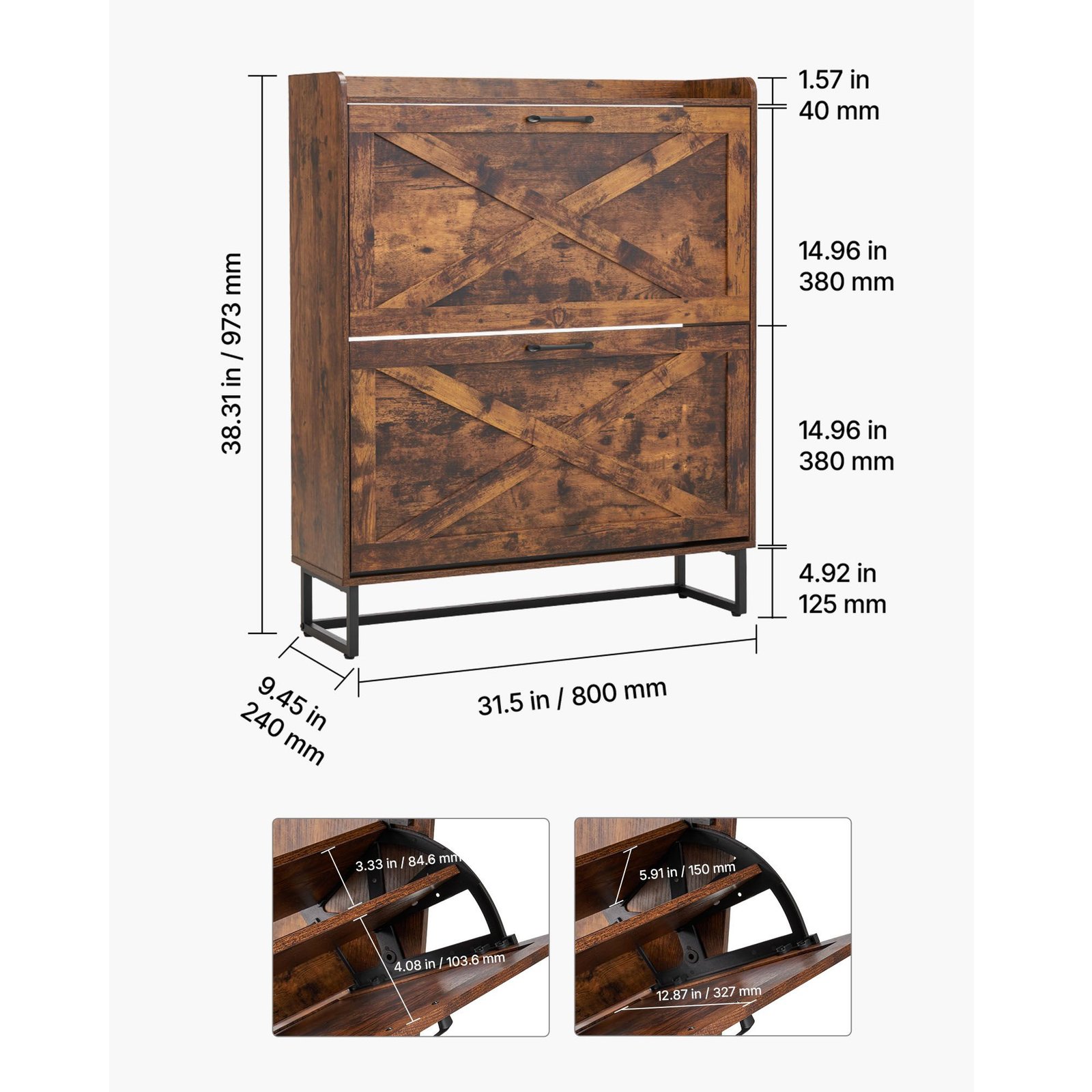 shoe cabinet with 2 flip drawers, farmhouse shoes storage cabinet with metal legs and anti tipping device, freestanding shoe organizer ideal for entryway, hallway, bedroom, living room, brown
