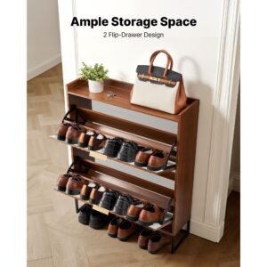 shoe cabinet with 2 flip drawers, mid century shoes storage cabinet with anti tipping device, freestanding fluted shoe organizer, ideal for entrance, hallway, bedroom, living room, walnut