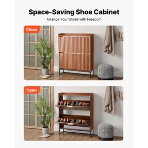 shoe cabinet with 2 flip drawers, mid century shoes storage cabinet with anti tipping device, freestanding fluted shoe organizer, ideal for entrance, hallway, bedroom, living room, walnut