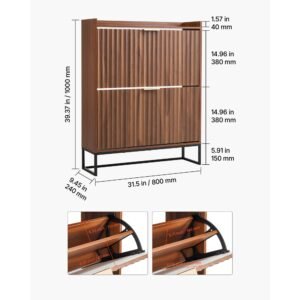 shoe cabinet with 2 flip drawers, mid century shoes storage cabinet with anti tipping device, freestanding fluted shoe organizer, ideal for entrance, hallway, bedroom, living room, walnut