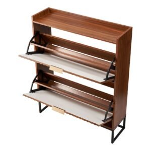 Shoe Cabinet with 2 Flip Drawers, Mid-Century Shoes Storage Cabinet with Anti-Tipping Device, Freestanding Fluted Shoe Organizer, Ideal for Entrance, Hallway, Bedroom, Living Room, Walnut