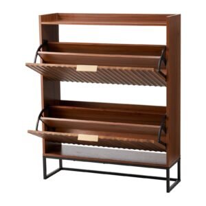shoe cabinet with 2 flip drawers, mid century shoes storage cabinet with anti tipping device, freestanding fluted shoe organizer, ideal for entrance, hallway, bedroom, living room, walnut