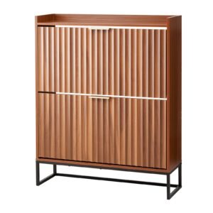 shoe cabinet with 2 flip drawers, mid century shoes storage cabinet with anti tipping device, freestanding fluted shoe organizer, ideal for entrance, hallway, bedroom, living room, walnut