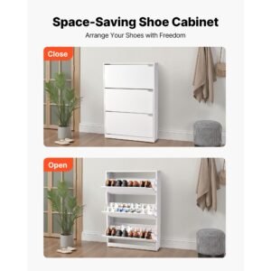 shoe cabinet with 3 flip drawers, modern shoes storage cabinet with anti tipping device, freestanding shoe rack organizer, ideal for entryway, hallway, bedroom, living room, closet, white