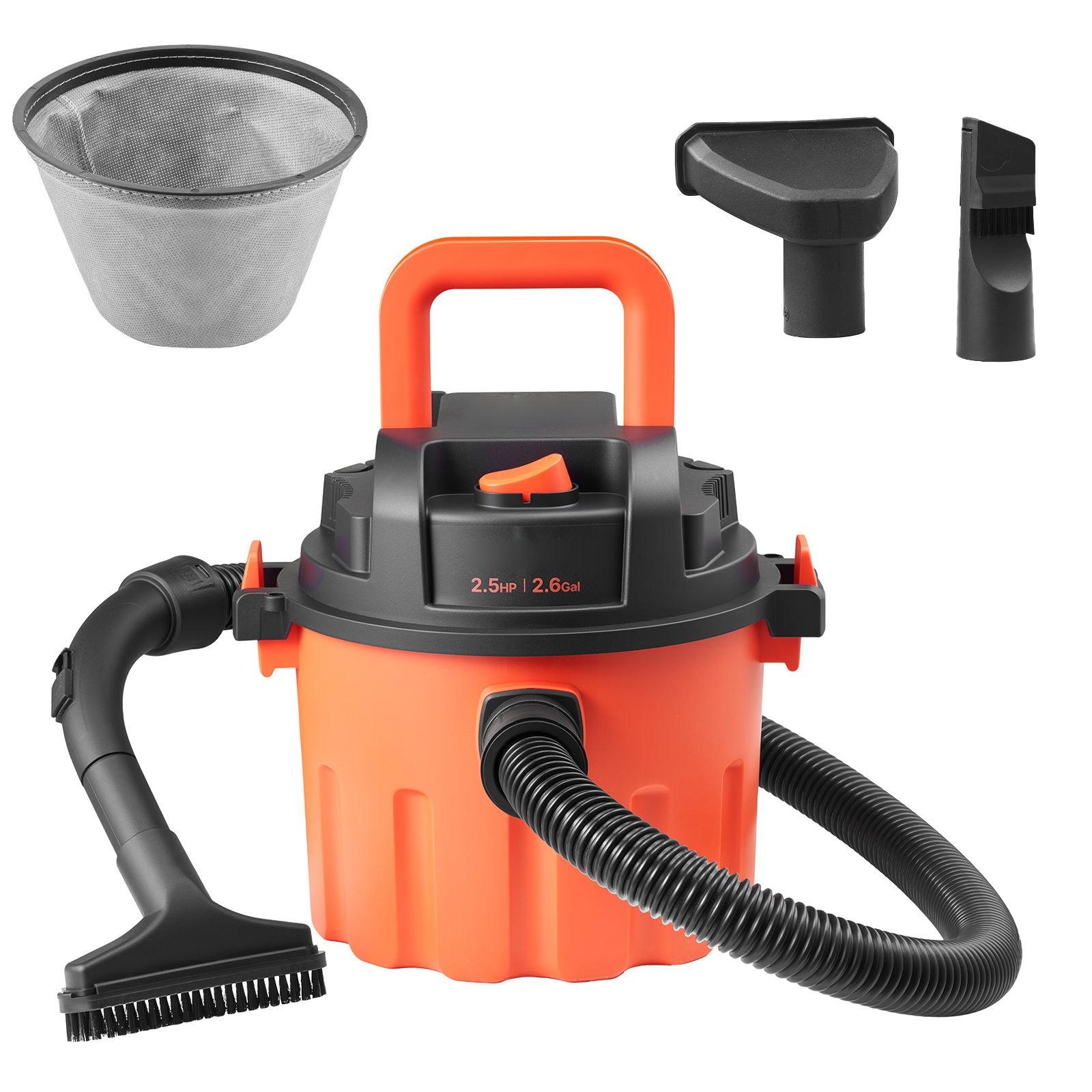 shop vac, 2.6 gallon dry shop vacuum, 2.5 peak hp portable with 800w input power, various nozzles, 1.25in diameter x 4ft hose, 9.2ft cord for home, garage, jobsite, workshop, black orange