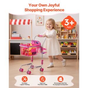 shopping cart for kids, sturdy metal frame, toy shopping cart with baby doll, 4 rolling wheels, doll seat carrier, grocery pretend play toy trolley, folds for easy storage, for toddlers ages 3+