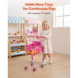 shopping cart for kids, sturdy metal frame, toy shopping cart with baby doll, 4 rolling wheels, doll seat carrier, grocery pretend play toy trolley, folds for easy storage, for toddlers ages 3+