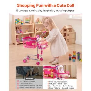 shopping cart for kids, sturdy metal frame, toy shopping cart with baby doll, 4 rolling wheels, doll seat carrier, grocery pretend play toy trolley, folds for easy storage, for toddlers ages 3+