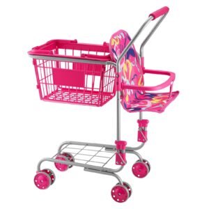 Shopping Cart for Kids, Sturdy Metal Frame, Toy Shopping Cart with Baby Doll, 4 Rolling Wheels, Doll Seat Carrier, Grocery Pretend Play Toy Trolley, Folds for Easy Storage, for Toddlers Ages 3+