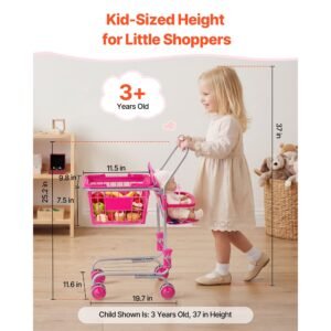 shopping cart for kids, sturdy metal frame, toy shopping cart with baby doll, 4 rolling wheels, doll seat carrier, grocery pretend play toy trolley, folds for easy storage, for toddlers ages 3+