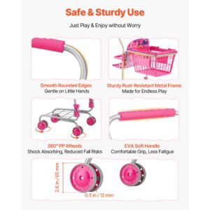shopping cart for kids, sturdy metal frame, toy shopping cart with baby doll, 4 rolling wheels, doll seat carrier, grocery pretend play toy trolley, folds for easy storage, for toddlers ages 3+