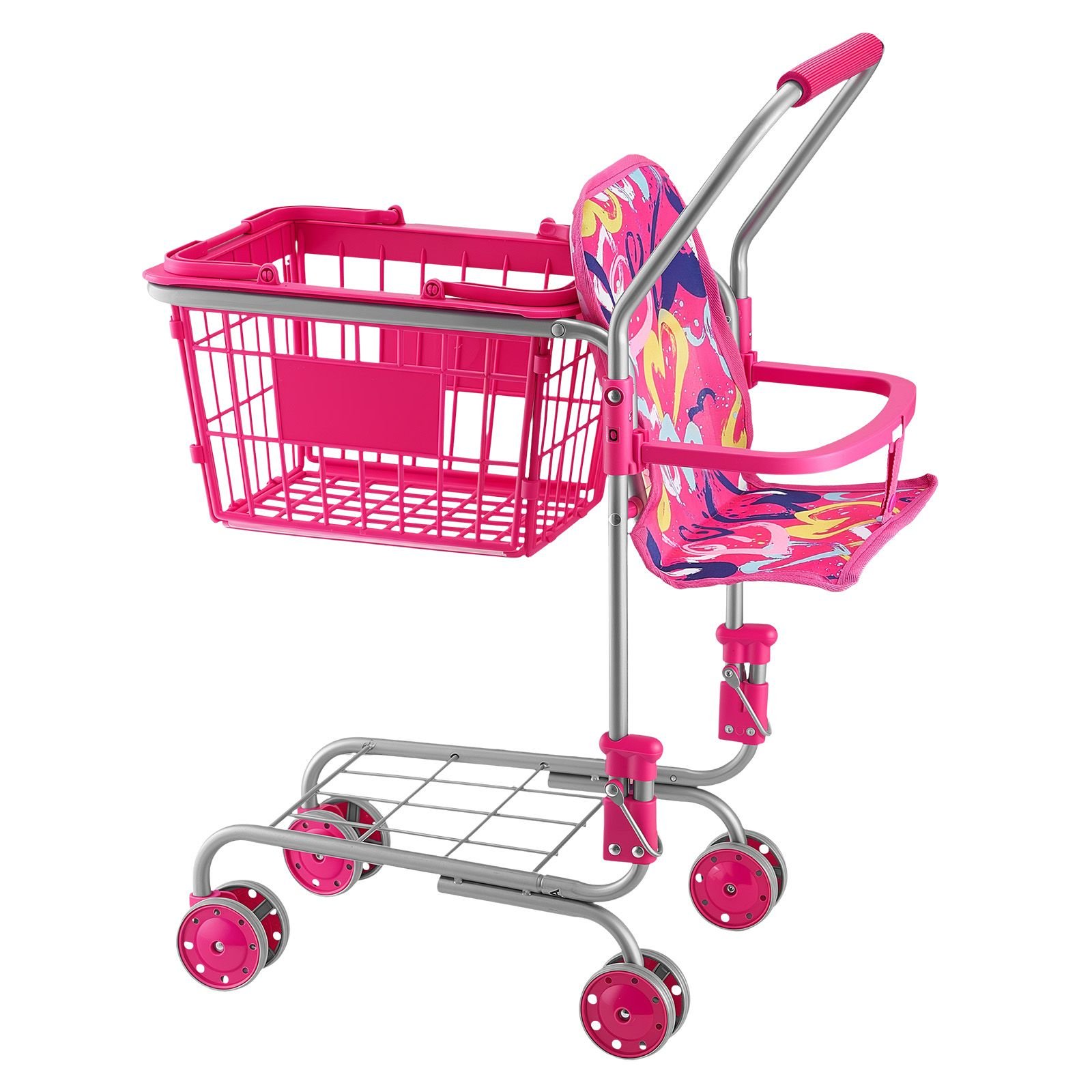 shopping cart for kids, sturdy metal frame, toy shopping cart with baby doll, 4 rolling wheels, doll seat carrier, grocery pretend play toy trolley, folds for easy storage, for toddlers ages 3+