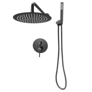 Shower Faucet Set, Rainfall Bathroom Shower System with 10-Inch Round Rain Shower Head and Handheld Spray, Wall Mounted Bath Fixtures with Brass Valve and Trim Kit, Matte Black
