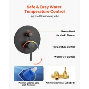 shower faucet set, rainfall bathroom shower system with 10 inch round rain shower head and handheld spray, wall mounted bath fixtures with brass valve and trim kit, matte black