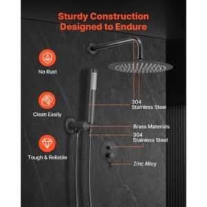 shower faucet set, rainfall bathroom shower system with 10 inch round rain shower head and handheld spray, wall mounted bath fixtures with brass valve and trim kit, matte black