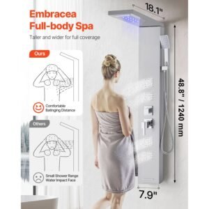 shower panel tower system with rainfall waterfall shower head, led, 53 in brushed stainless steel shower column, 5 function faucet, wall mount rain massage system, with handheld and tub spout