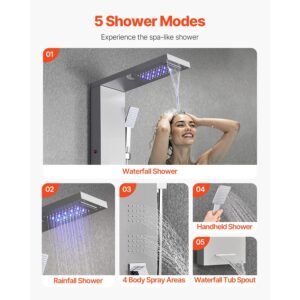 shower panel tower system with rainfall waterfall shower head, led, 53 in brushed stainless steel shower column, 5 function faucet, wall mount rain massage system, with handheld and tub spout
