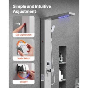 shower panel tower system with rainfall waterfall shower head, led, 53 in brushed stainless steel shower column, 5 function faucet, wall mount rain massage system, with handheld and tub spout