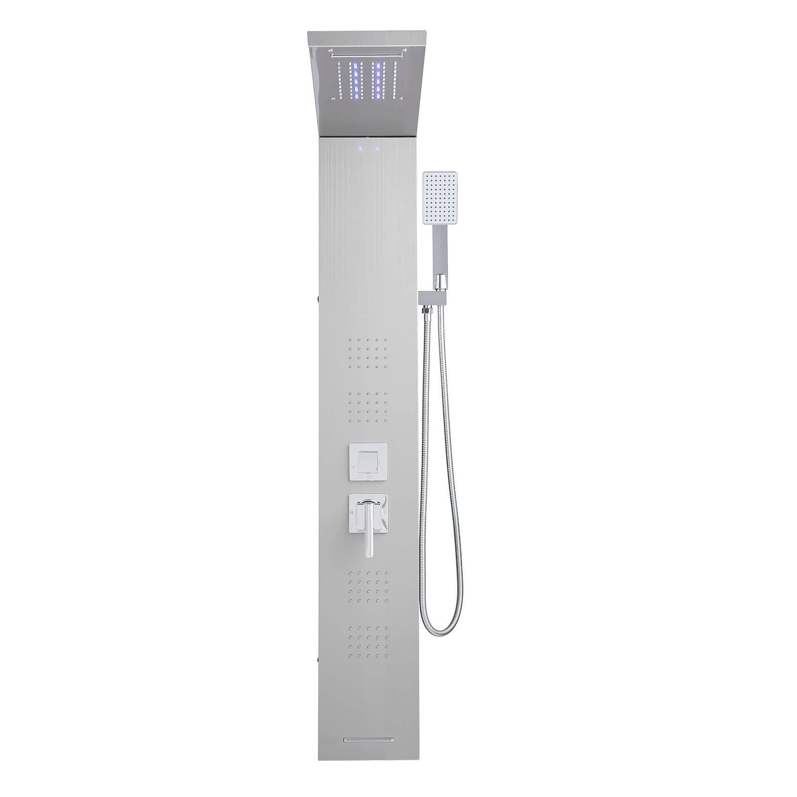 shower panel tower system with rainfall waterfall shower head, led, 53 in brushed stainless steel shower column, 5 function faucet, wall mount rain massage system, with handheld and tub spout