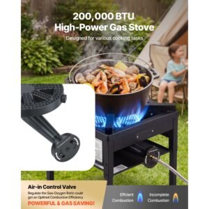 single burner outdoor propane gas stove, 200,000 btu propane lpg gas camping stove, heavy duty carbon steel outdoor cooker, with shield & 20 psi regulator, for bbq camp home patio seafood boil