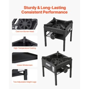 single burner outdoor propane gas stove, 200,000 btu propane lpg gas camping stove, heavy duty carbon steel outdoor cooker, with shield & 20 psi regulator, for bbq camp home patio seafood boil