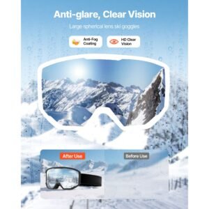 ski goggles, cylindrical lens with orange revo coating, otg anti fog snow goggles for men women youth, tpu frame & ventilation structure, suitable for skiing, skating, snowboarding, cycling