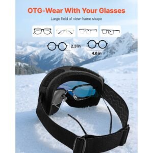 ski goggles, cylindrical lens with orange revo coating, otg anti fog snow goggles for men women youth, tpu frame & ventilation structure, suitable for skiing, skating, snowboarding, cycling