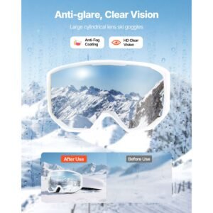 ski goggles, cylindrical lens with pink revo coating, otg anti fog snow goggles for men women youth, tpu frame & ventilation structure, suitable for skiing, skating, snowboarding, cycling