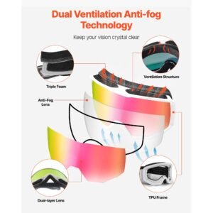 ski goggles, cylindrical lens with pink revo coating, otg anti fog snow goggles for men women youth, tpu frame & ventilation structure, suitable for skiing, skating, snowboarding, cycling