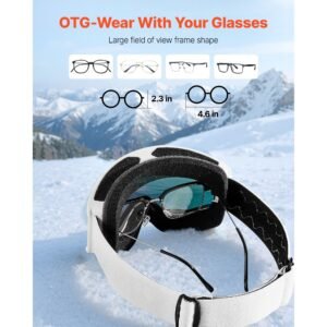 ski goggles, cylindrical lens with pink revo coating, otg anti fog snow goggles for men women youth, tpu frame & ventilation structure, suitable for skiing, skating, snowboarding, cycling