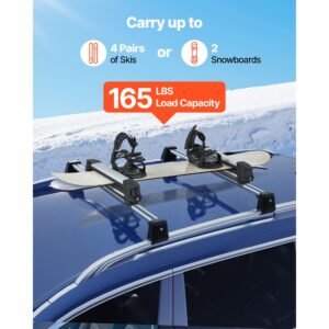 ski & snowboard roof rack, carry up to 4 pairs of skis or 2 snowboards, 2 pcs aluminum universal car roof rack with lock & rubber padding, carrier for fishing rod, fit most slotted crossbars
