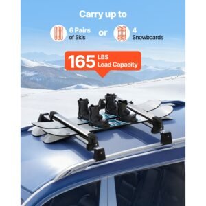 ski & snowboard roof rack, carry up to 6 pairs of skis or 4 snowboards, 2 pcs aluminum universal car roof rack top holder with lock and rubber padding for fishing pole rod, fit most crossbars