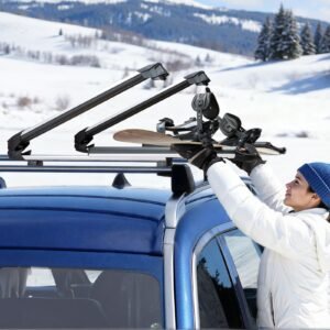 ski & snowboard roof rack, carry up to 6 pairs of skis or 4 snowboards, 2 pcs aluminum universal car roof rack top holder with lock & rubber padding for fishing rod, fit most slotted crossbars