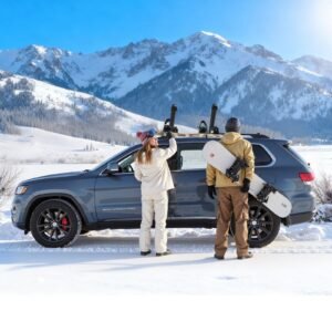ski & snowboard roof rack, carry up to 6 pairs of skis or 4 snowboards, 2 pcs aluminum universal car roof rack with lock & rubber padding, carrier for fishing rod, fit most slotted crossbars