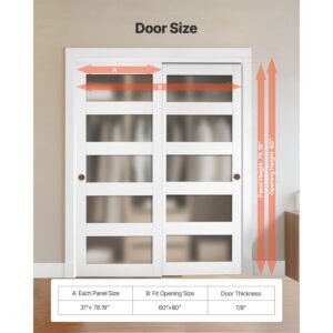 sliding closet door, 60" (double 31") x 80", 5 lite frosted glass bypass sliding doors with hardware kit & floor guide, solid wood & mdf slab with water proof pvc surface for closets bedrooms