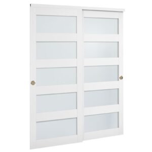 Sliding Closet Door, 60" (Double 31") x 80", 5-Lite Frosted Glass Bypass Sliding Doors with Hardware Kit & Floor Guide, Solid Wood & MDF Slab with Water-Proof PVC Surface for Closets Bedrooms