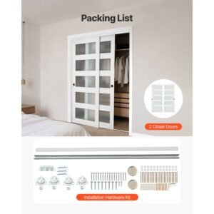 sliding closet door, 60" (double 31") x 80", 5 lite frosted glass bypass sliding doors with hardware kit & floor guide, solid wood & mdf slab with water proof pvc surface for closets bedrooms