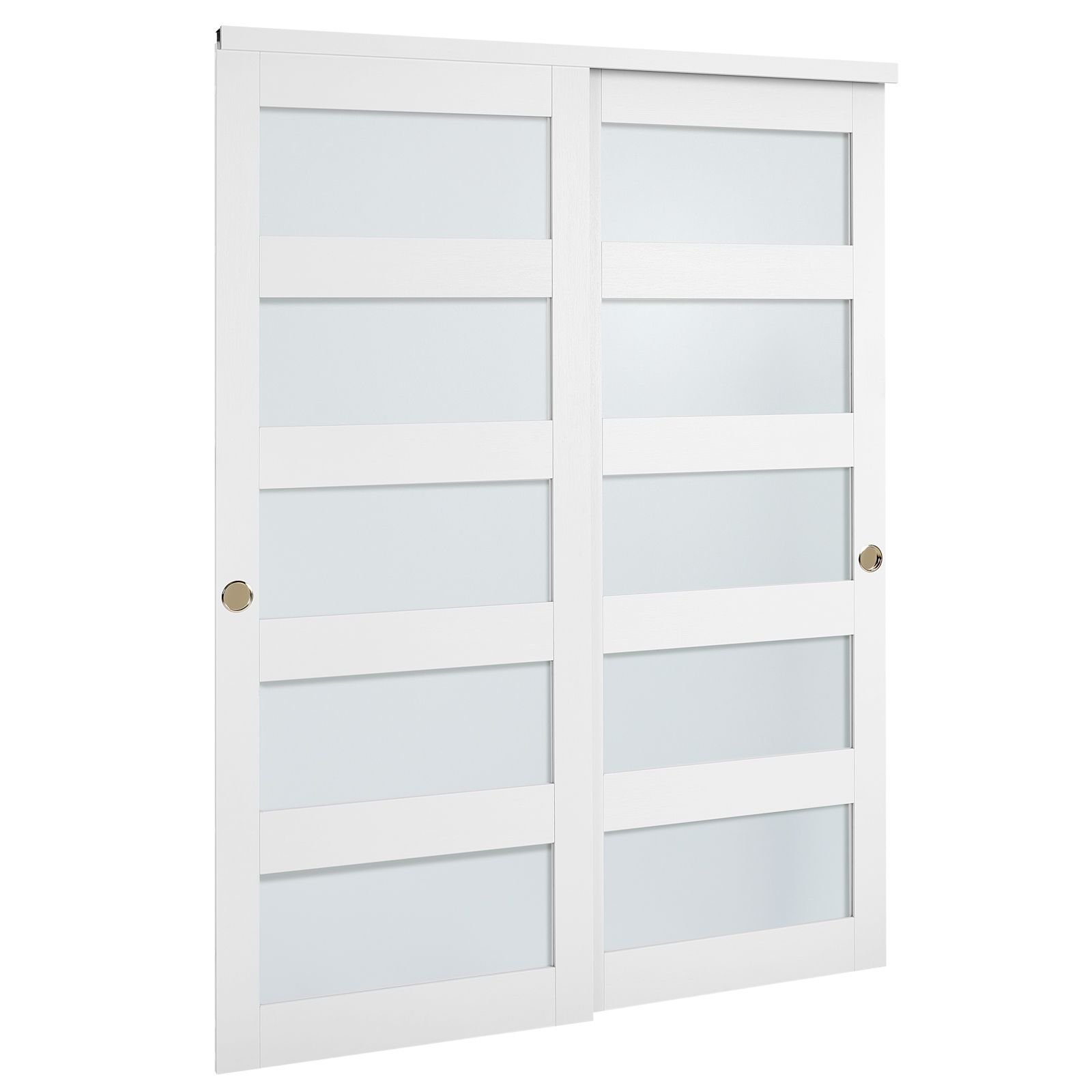 sliding closet door, 60" (double 31") x 80", 5 lite frosted glass bypass sliding doors with hardware kit & floor guide, solid wood & mdf slab with water proof pvc surface for closets bedrooms