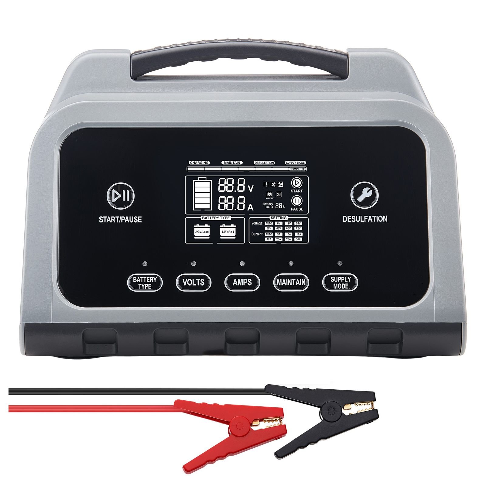 smart battery charger, 12a, 6v 12v 24v 36v 48v lithium lifepo4 lead acid (gel / agm) car battery charger, with lcd display, trickle charging maintainer desulfator, for car, boat, motorcycle