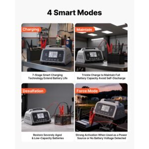 smart battery charger, 16a, 6v 12v 24v 36v 48v 60v 72v lithium lifepo4 lead acid (gel/agm) car battery charger, with lcd display, trickle charging maintainer desulfator, for car boat motorcycle