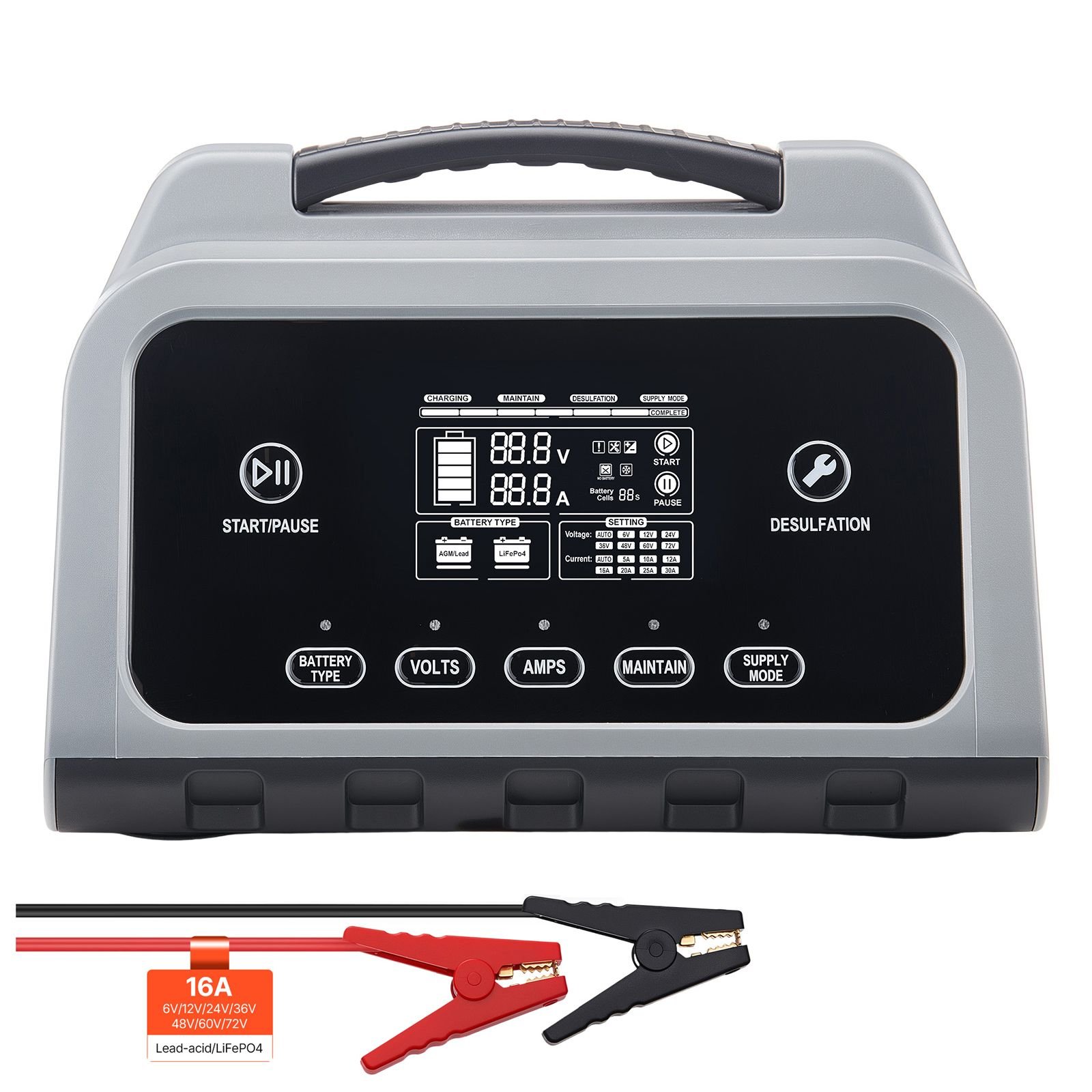 smart battery charger, 16a, 6v 12v 24v 36v 48v 60v 72v lithium lifepo4 lead acid (gel/agm) car battery charger, with lcd display, trickle charging maintainer desulfator, for car boat motorcycle